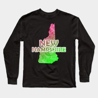 Colorful mandala art map of New Hampshire with text in pink and green Long Sleeve T-Shirt